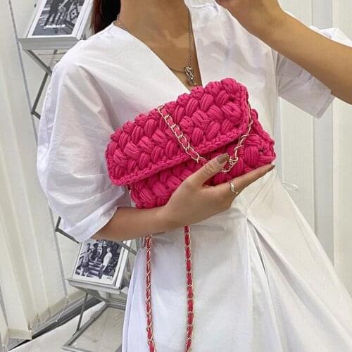 Casual Solid Hand-woven Women Handbags Cotton Crochet Handmade Women Shoulder Messenger Bag Females Totes Ladies Hand Bags