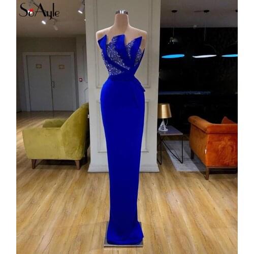 SoAyle Unique Strapless Neck Sleeveless Evening Dress Sexy Split Luxurious Beaded Mermaid Evening Dress Arabian Evening Dress