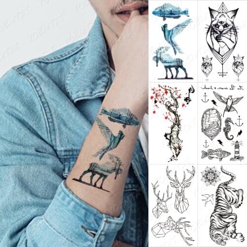 Waterproof Temporary Tattoo Stickers Sheep Bird Fish Fox Cat Deer Line Flash Tatoo Woman Arm Body Art Fake Tatto Man Child Kids