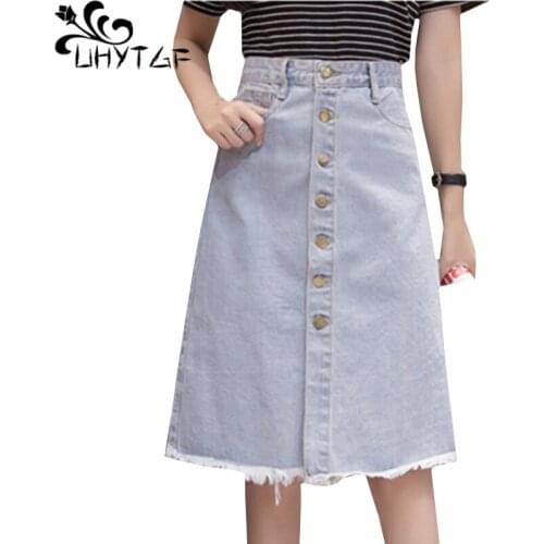 UHYTGF Summer skirts womans fashion Button belt denim skirt elegant 5XL plus size skirt lady blue Casual jeans skirts Female 132