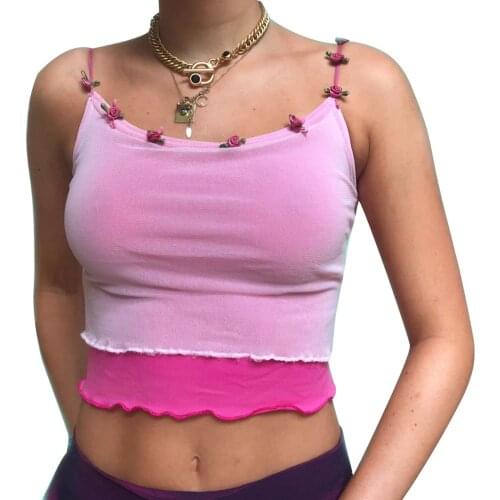 Ladies Summer Sexy Tops Casual Midriff-baring Camisole Flower Decoration Double Layer U-neck Sleeveless Top Slim Base Shirt