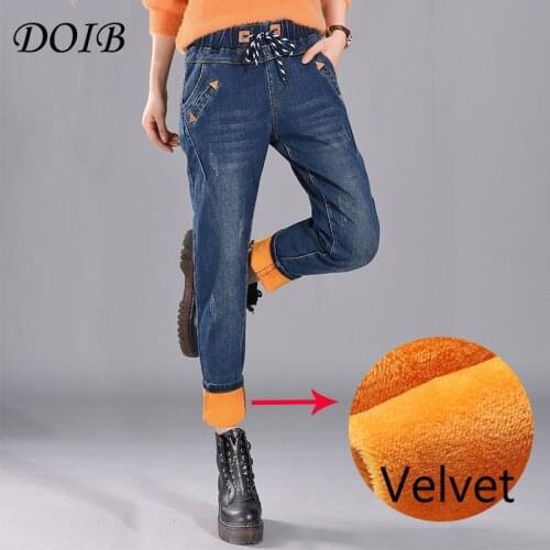 DOIB 2020 Winter Thick Warm Jeans Woman Plus Size Sexy Fleece Denim Pants Women Blue Big Size Cowboy Pencil Velvet Trousers 6XL