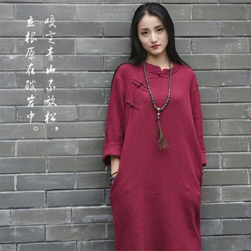 Womens Cotton Linen Dress Summer Stand Collar Full Sleeve Autumn Dresses Plus Size Large Size Dresses M-6XL