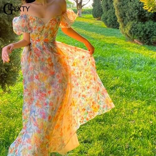 GBYXTY Women Beach Floral Print Back Lace Up Bandage Backless Boho Mesh Dress 2021 Summer Off Shoulder Holiday Long Dress ZA2475