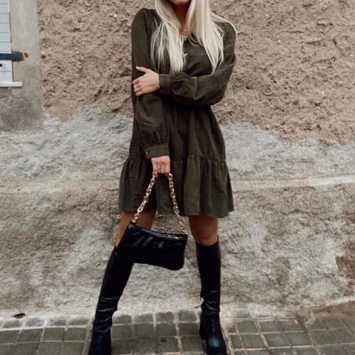 Za 2020 Vintage Loose Women Cotton Loose Ruffles Mini Shirt Dress Long Sleeve Elegant Button Solid Mujer Chic Vestidos