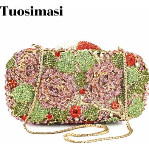 2015 New Graceful Rose Flower Shape Handmade Crystal Clutch Bag