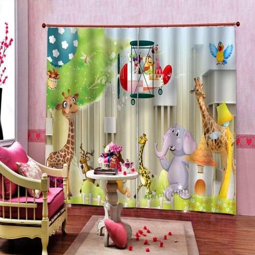 Kids Shower Curtain Cartoon Wild Animals For Childrens room Blackout Drapes Custom any size ( Left and right side