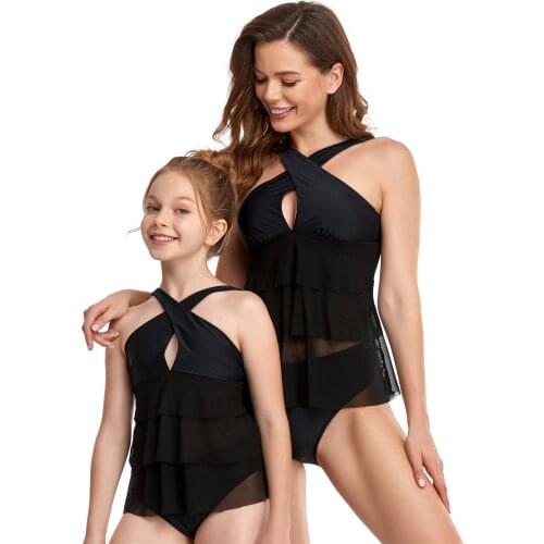 2 Pcs Parent-child Outfit, Solid Color See-through Tie-Up Cross Halter Mesh Tops + e Panties