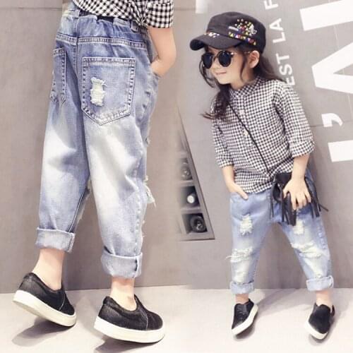 Girls jeans 2019 spring new Korean baby children girl hole casual soft denim trousers wild pants