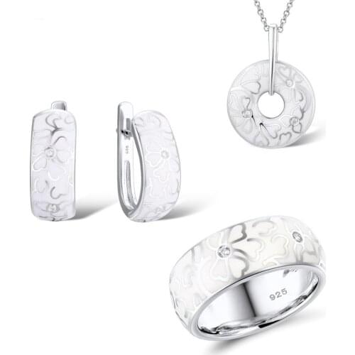 Elegant Zircon 925 Silver Jewelry Set for Women Retro Smooth White Enamel Flower Petal Pattern Female Wedding Bridal Jewelry Set