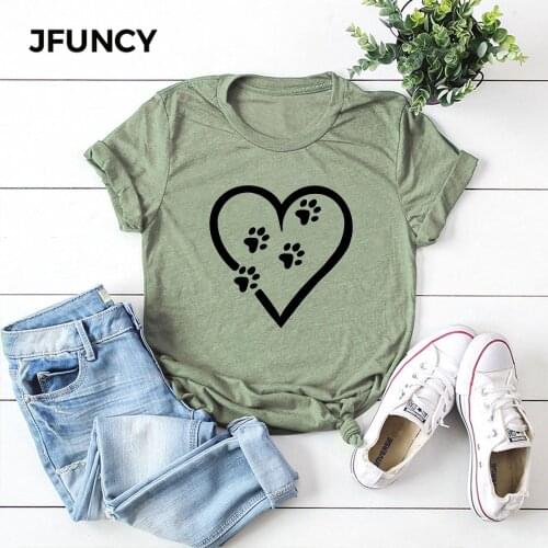 JFUNCY Plus Size Heart Funny Dog Paw Print Summer T-shirt Women Cotton Tshirt Short Sleeve Tees Tops Woman T Shirt Female Shirts