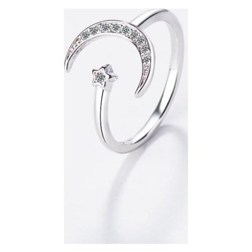 Open Moon Star Student 925 Sterling Silver Temperament Personality Fashion Female Resizable Opening Rings SRI208