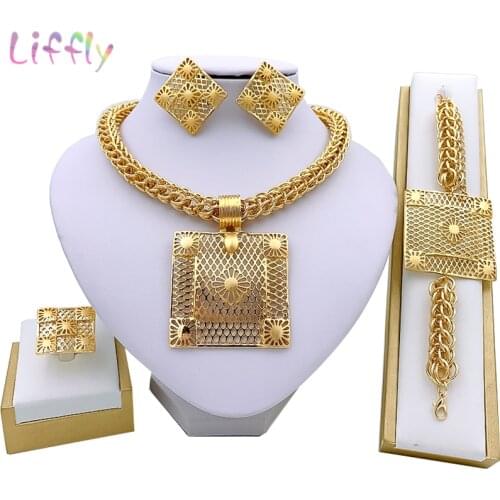 Liffly Dubai Gold Jewelry Sets for Women Big Necklace African Beads Jewelry Set Nigerian Bridal Wedding Costume Jewelry