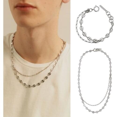 Jewelry Silver Pig Nose Long Necklace Bracelet Set Unisex Metallic Sweater Chain necklace