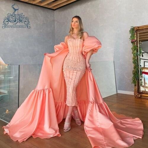 Two Piece Peach Pink Beading Crystals Mermaid Mid-Calf Prom Gowns With Puff Sleeves Satin Cape Unique Prom Dress Pageant Gowns