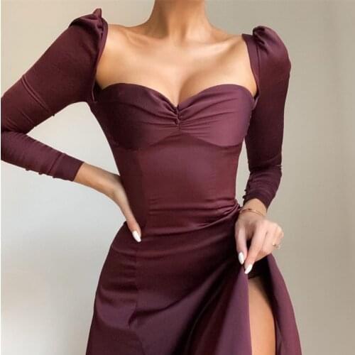 Townlike 2020 Satin Autumn Winter Dress Elegant Long Sleeve Long Dress Split Strapless Backless Sexy Party Dresses Vestidos