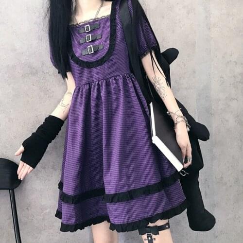 Summer Gothic Lolita Dress Women Elegant Japanese Korean Purple Plaid Kawaii Mini Dress Lace Ruffles Sweet Girl Party Punk Dress