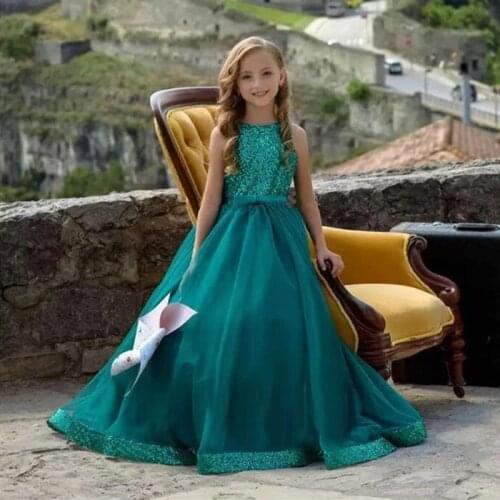 Green Flower Girls Dresses For Wedding And Party Cap Sleeves Pleated Tulle Flowers Kids Sweet Lovely Little Girl Dresses