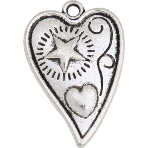 RAINXTAR Fashion Antique Silver Color Heart Charms With Star And Heart Raised 17*26mm 50pcs AAC704