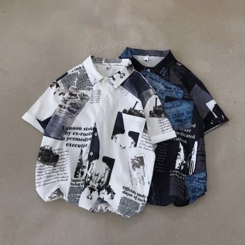 Summer Fashion Men Streetwear Newspaper Print Shirts Hip Hop Short Sleeve Shirts Vintage Button Up Cotton Black Shirts 5XL