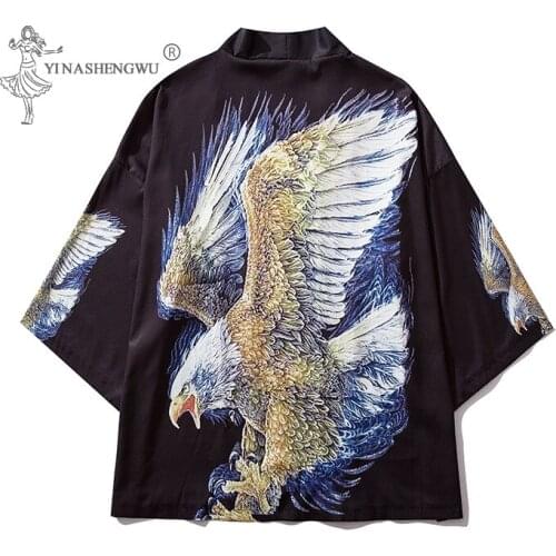 Japanese Kimonos Eagle Print Loose Shirts Men Summer Costumes Harajuku Yukata Suit Women Cardigan Samurai Japan Traditional Coat