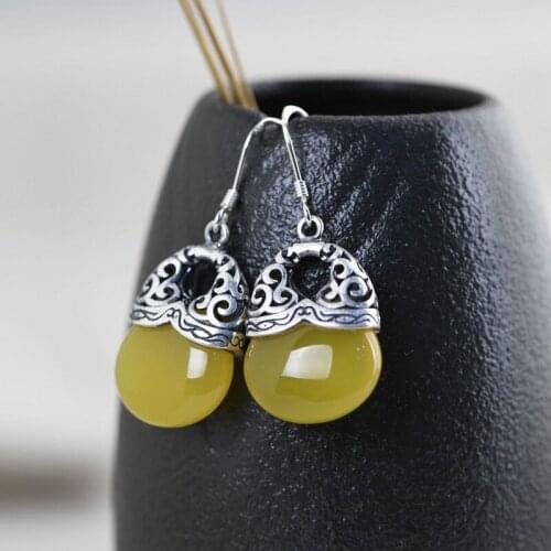 FNJ Matte Yellow Chalcedony Drop Earrings 925 Silver Original Pure S925 Sterling Silver Earring for Women Jewelry