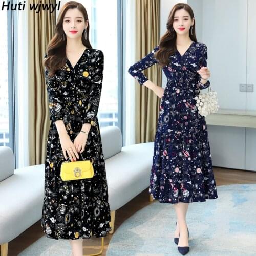 2021 Vintage Black Floral Chiffon Midi Dress Autumn Winter Plus Size Casual Boho Maxi Dress Elegant Women Bodycon Party Vestidos