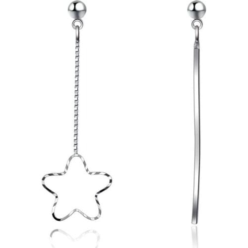 New Asymmetric Eardrop Hollow Star and Long 925 Sterling Silver Chain Earrings for Women Wedding Engagement Ear Jewelry