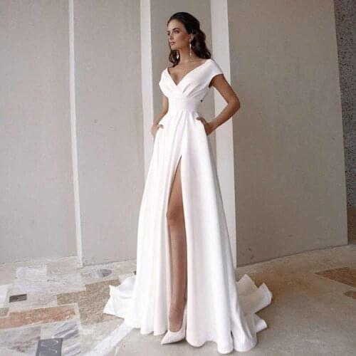 Women Long Satin Prom Party Dresses Sexy High Slit Court Train Evening Gowns Dress V Neck Cap Sleeves Special Occasion Dress