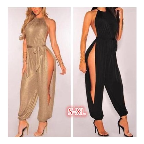 Sexy New Slit Wide Leg Harem Jumpsuits Rompers Women Gold Lace up Sleeveless Jumpsuits Overalls Clubwear