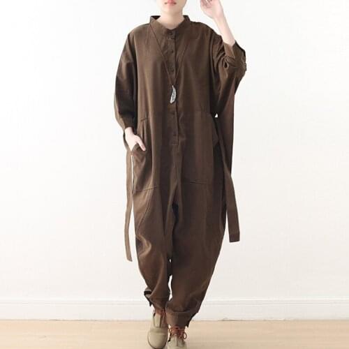 Johnature Safari Style Jumpsuits Full Length Loose Solid Sashes Pockets Button 2020 New Spring/Summen Cotton Women Jumpsuit s1