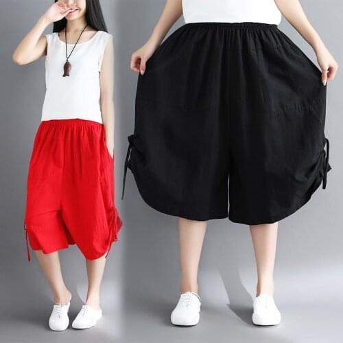 Women Retro Wide Leg Harem Pants Cotton Linen Baggy Womens Pants Elastic Waist Casual Loose Trousers