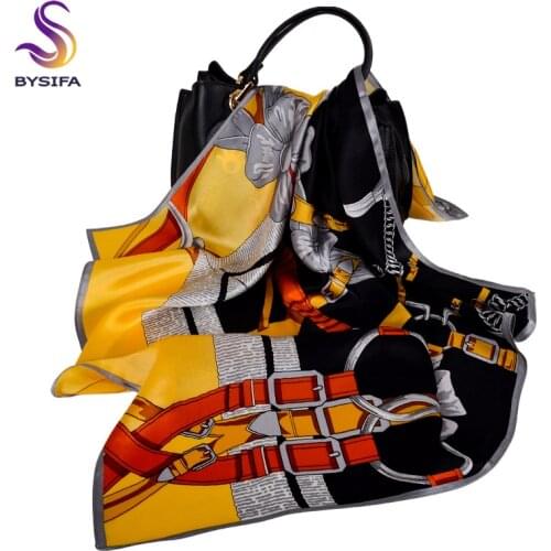 BYSIFA|Black Yellow 100% Silk Scarf Hairband New Fashion Ladies Neck Scarves Headscarves 70*70cm Chain Silk Women Square Scarf