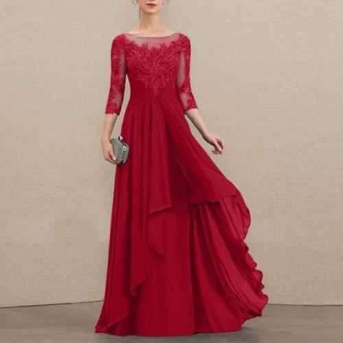 Plus Size 5XL Three Quarter Sleeve Pure Color Dress for Women Round Neck Lace Floor-Length Sexy Dress Vestido De Mujer