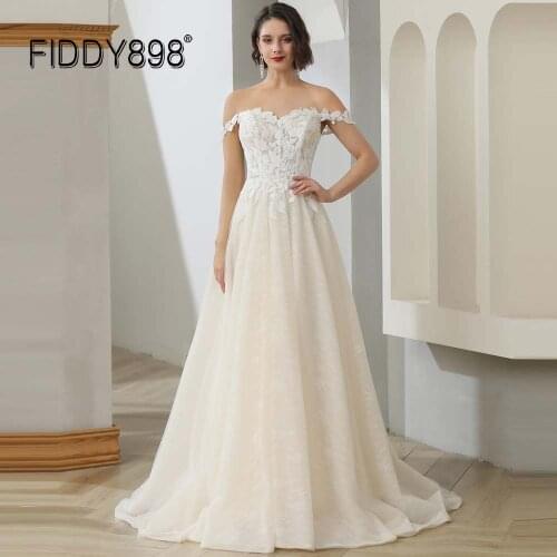 FIDDY898 Plus Size Boho Wedding Dress Champagne vestido de novia A-line Beach Lace Bridal Dresses Bride Gown robe mariage