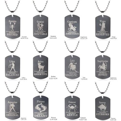 Yaducan 12 Constellations Pendant Amulet Stainless Steel Zodiac Dog Tag Pendant Bead Chain Mens Womens lucky Necklace Gift