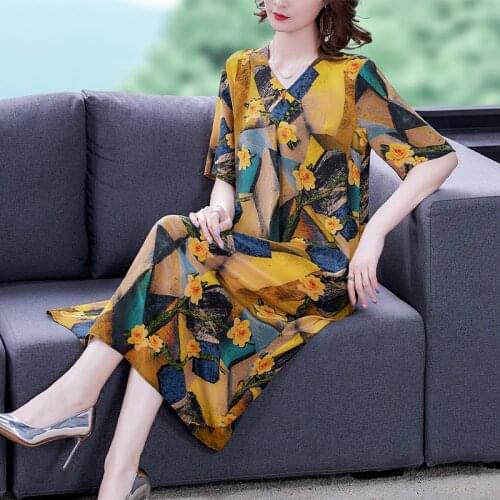 Summer Boho Yellow Print Chiffon Casual Beach Midi Dress 2021 Vintage 5XL Plus Size Dress Elegant Women Bodycon Party Vestidos