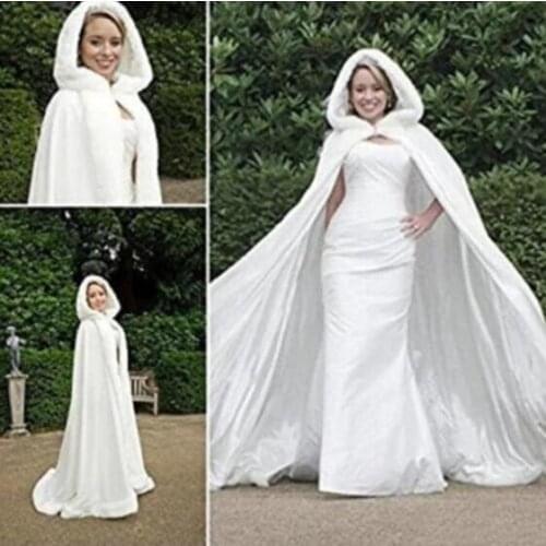 Winter Satin Faux Fur Bridal Hooded Shawl Cloak White/Ivory Cape Wedding Long Coat Cloak