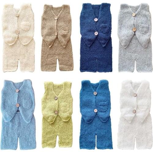 2 Pcs/set Newborn Photography Props Mohair Baby Boys Girls Costume Handmade Knitted Buttons Top and Pants Suit Photo 69HE