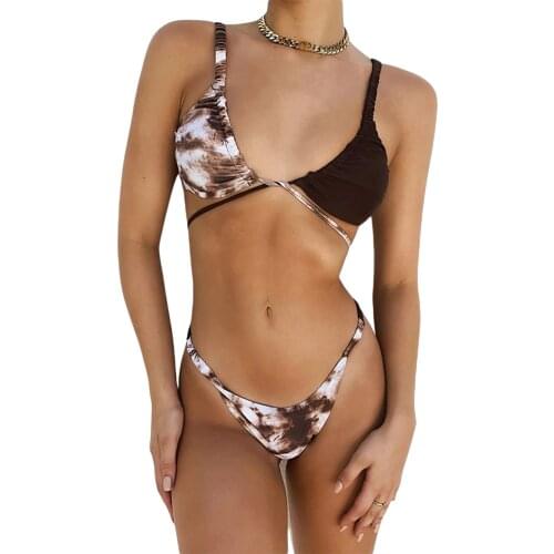 Meihuida 2 Pcs Women Tie-dye Bathing Suits, Adults Sexy Patchwork Tie Up Padded Bra + Panties