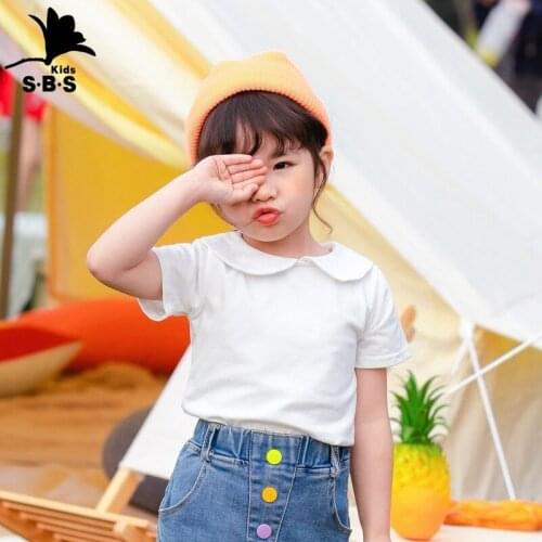 2020 Childrens Summer Clothes Baby Collar Girls Tops Childrens Cotton T-shirt Baby Short Sleeves Pure Color Fashion T-shirt