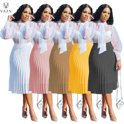 VAZN 2021 Autumn Solid Energy Pleated Long Dress Sexy Young Free Joker Office Lady Fashion High Waist Midi Skits