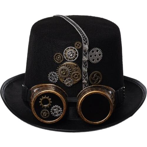 Black Hat with Goggles Gothic Punk Top Hat Women Men Club Party Halloween Hats Cosplay