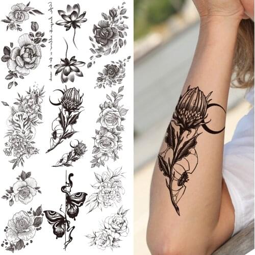 Flower Moon Temporary Tattoos For Women Girls Fake Mask Lotus Butterfly Tattoo Sticker Black Peony Anemone Zinna Tatoos Supplies