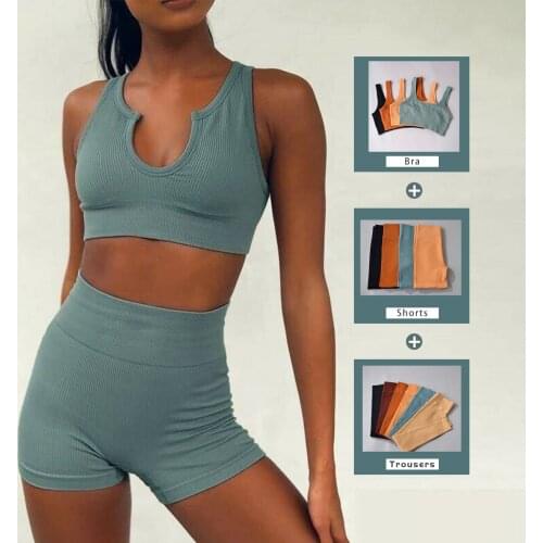 2021New Seamless Sports Crop Tops Sets Women Ribbed Fitness Suits U Collar Casual Shirts Sets Two Piece Gym Clothes Tracksuits