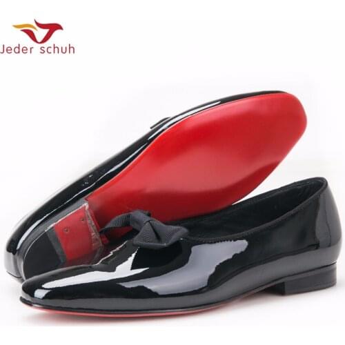 Jeder Schuh New Black Patent Leather Men Handmade Loafers With Black Bowtie Fashion Banquet And Prom Men Dress Shoes