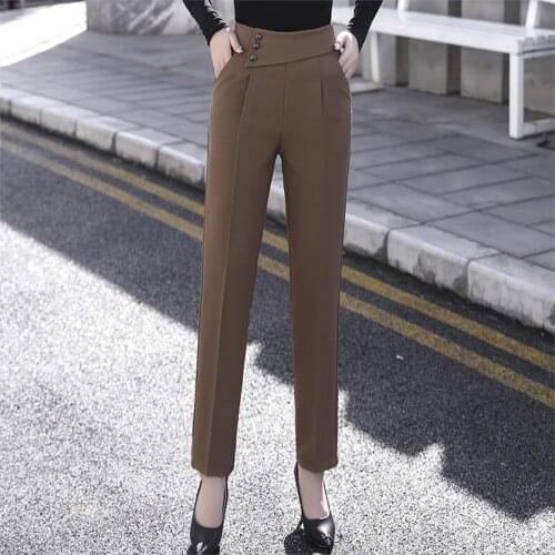 Commute Trousers Female 2021 New Fashion Elegant Empire Overlap Button Front Pleated Suits Pants Autumn Feet Pant Plus Size 3XL