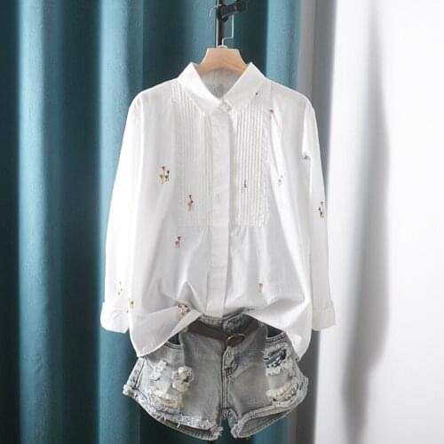 Lamtrip Pleated Embroidery Cartoon Long Sleeve Cotton 100% Shirt Blouse