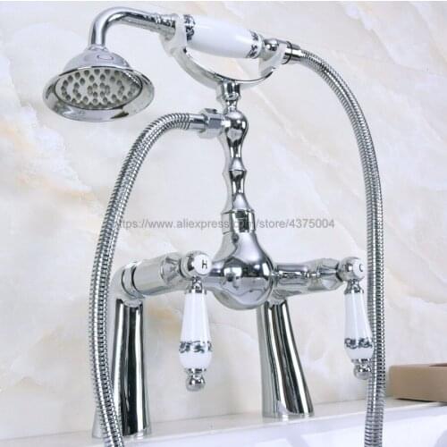 Polished Chrome Deck Mounted Bathroom Faucet Bath Tub Mixer Tap With Ceramic Handle Hand Shower Head Shower Faucet Sets Nna116