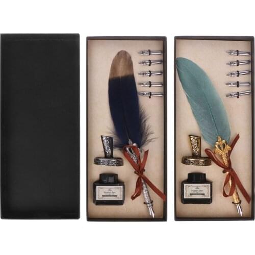 Vintage English Calligraphy Feather Quill Dip Pen Fountain Pens With Ink +5 Nibs Set Stationery Gift